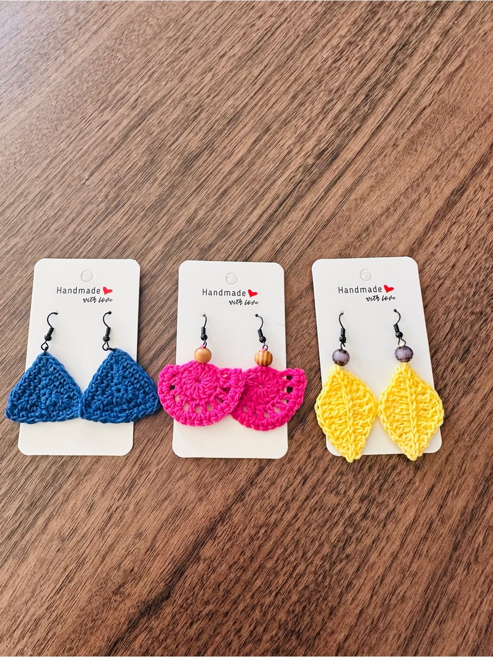 Set off 3 handmade crochet earrings-blue, hot blink,yellow